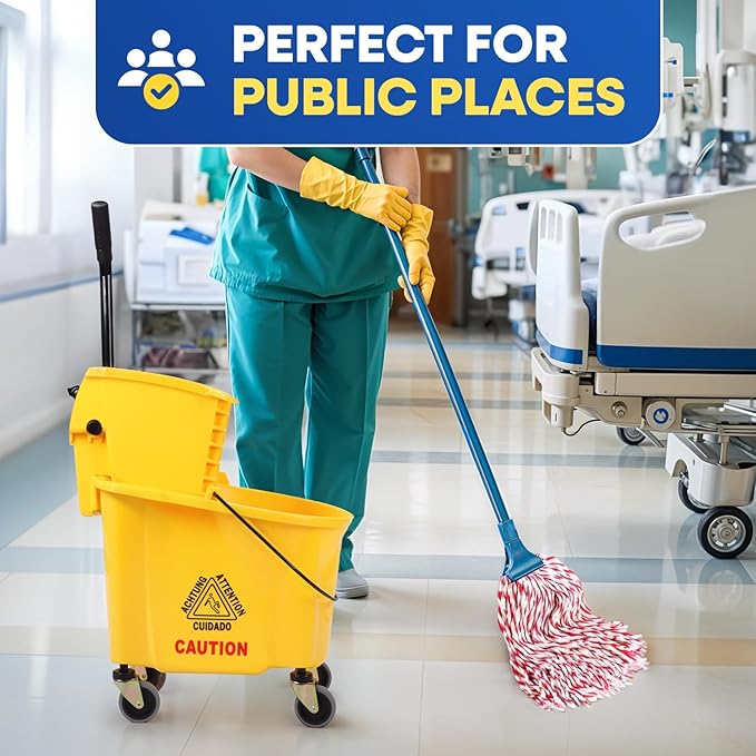Commercial Mop Bucket with Wringer on Wheels, Heavy Duty Industrial Mop Bucket and Wringer, Side-Press Bucket with Wringer Set for Home Office Restaurant Business, 35-Quart - Yellow
