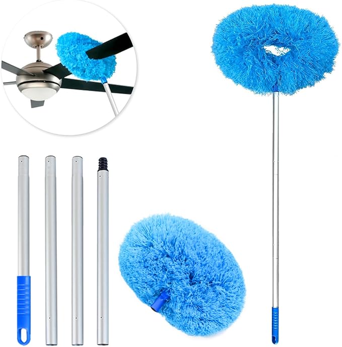 Ceiling Fan Duster Retractable Ceiling Cleaner Reusable Microfiber Ceiling Fan Blade Cleaner Duster with Extension Pole 13 to 50 inch for Furniture Bookshelves Wall Door Blue
