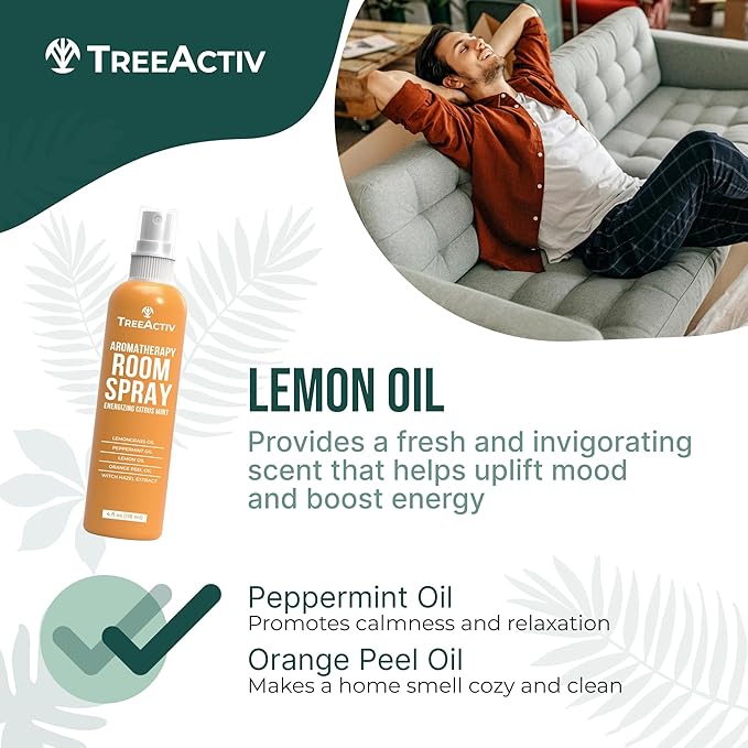 TreeActiv Aromatherapy Room Spray 4 oz, Natural Citrus Air Freshener, Essential Oil Odor Eliminator for Bedding, Pillow, Linen Mist, 1000 Sprays