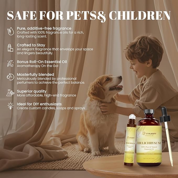 Helichrysum Essential Oil (4 fl.oz Bottle + 0.34 fl.oz Roll-On) — Helichrysum Oils for Aromatherapy, Diffusers, Humidifiers, Home fragrances, DIY Skincare, Candle, Soap Making, Relaxation, Yoga