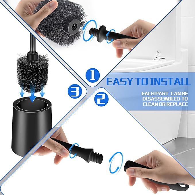 Toilet Brush and Holder 2 Pack with Long Handle - Non-Slip Grip Toilet Bowl Brush Set for Deep Cleaning Bathroom, Toilet Scrubber- Black
