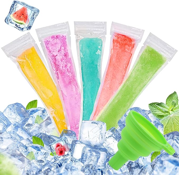 LOMIMOS 160PCS Disposable Ice Popsicle Mold Bags,BPA Free Freezer Tubes With Zip Lock Seal Funnel for Healthy Snack Yogurt Stick Juice Fruit Smoothies Ice Candy Pops Family Party(8.6"x2.3")