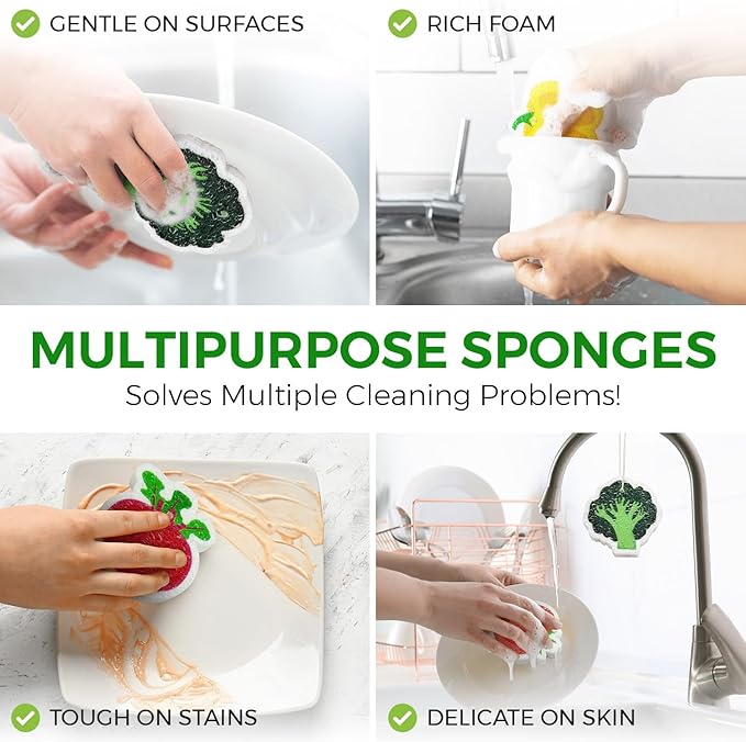 Biodegradable Cellulose Compressed Sponges Bulk - Vegetable Shaped Kitchen Pack of 8 - Eco Friendly, Odor Free, Natural, Pop Up Compostable Scrubbers for Washing Dishes