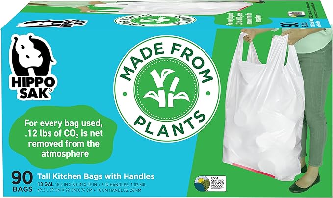 Hippo Sak - Plant Based Tall Kitchen Garbage Bags with Ergonomic Handles - 13 Gallon Trash Bags - Recyclable & Eco Friendly - Super Strong and Leak Proof Tall Kitchen Trash Bags (90 Count)