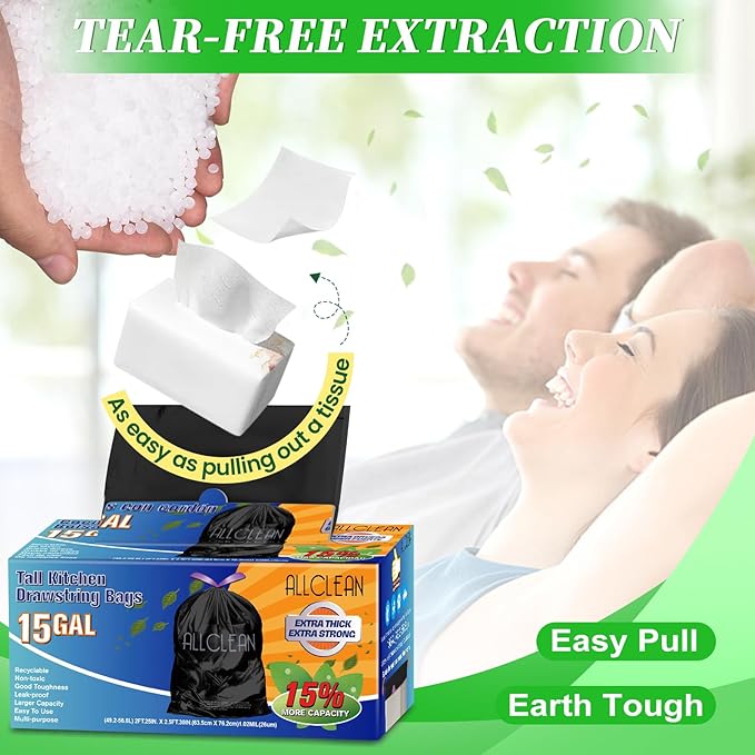 Trash Bags 15 Gallon Tall Kitchen Drawstring Garbage Bags,Fit 13-15 Gal Bins,Extra Strong&Leak-Proof,Unscented&Recyclable Trash Can Liners for Home Office Industrial Bathroom Garden Lawn(Black)