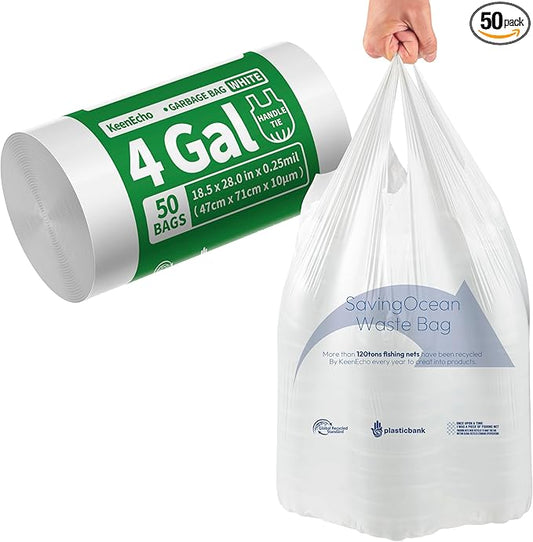 Small Trash Bags with Handles 4 Gallon 50 Count White - Ocean Plastic Upcycling - Plastic Garbage Bags, Can Bin & Waste Basket Liner for Kitchen, Bathroom, Office and Pets