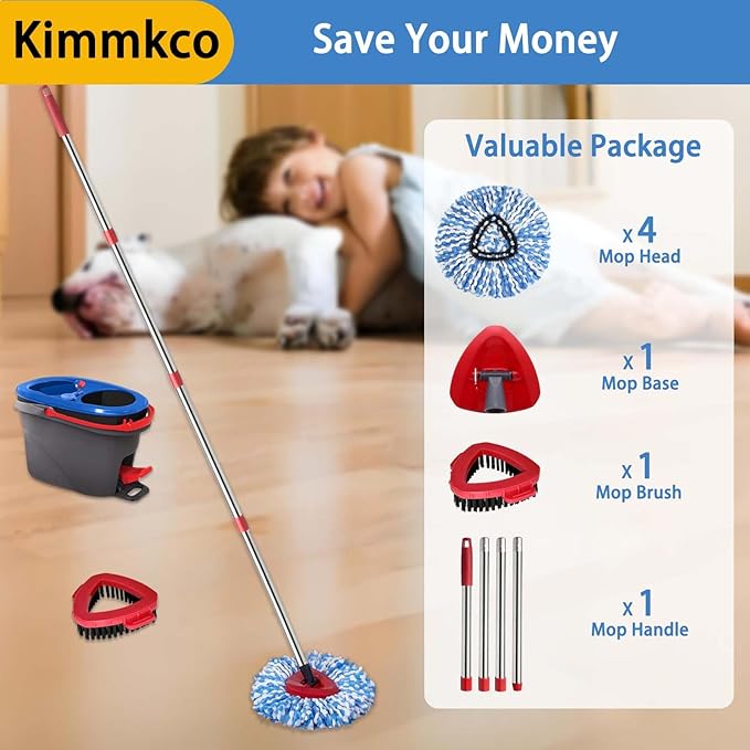 Small Spin Mop Replacement Head for O Cedar RinseClean 2-Tank System, 4 Fluffy Microfiber Mop Refills with 1 Small Base & 1 Scrubber Head & 30-58in Mop Handle, Deep Clean, Machine Washable