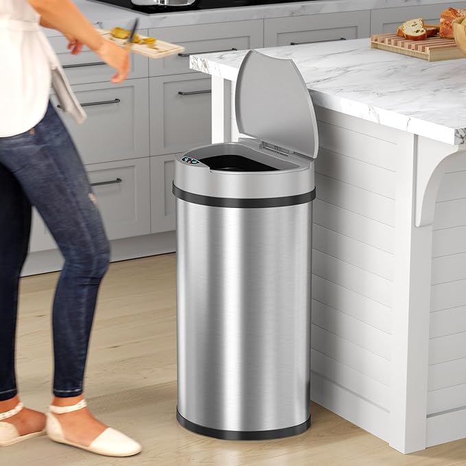 iTouchless 50 Liter / 13 Gallon Kitchen Trash Can with Lid & Odor Filter – Motion Sensor Semi-Round Stainless Steel Garbage Bin for Home, Office, or Garage – Slim, Wide Opening Large Capacity Design