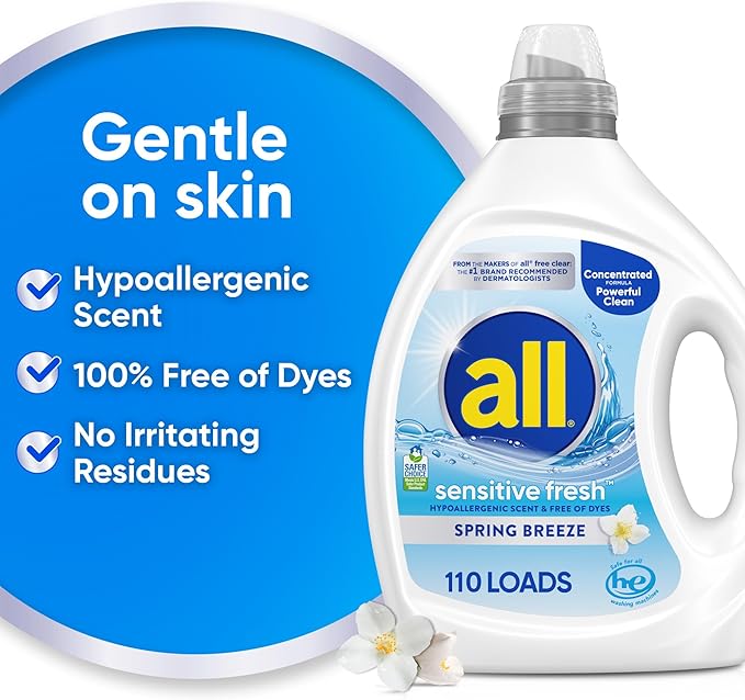 all sensitive fresh™, Spring Breeze, Scented Liquid Laundry Detergent for Sensitive Skin, Hypoallergenic, Free of Dyes, Concentrated, 82.5oz, 110 Loads