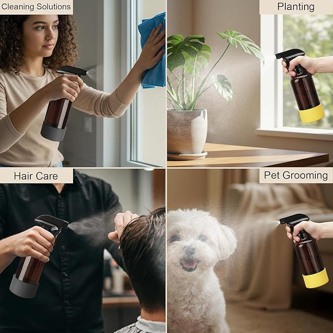 Glass Spray Bottles with Silicone Sleeve 16.9oz 2 Pack Empty Spray Bottle for Hair Mist/Stream Spraying for Cleaning Solutions, Plants, Essential Oils (Brown-grey&yellow)