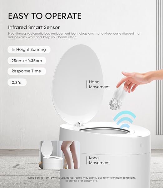 TOWNEW T AIR ONE Smart Trash Can, 2.6 Gallon Automatic Garbage Can with Self-Sealing and Self-Changing, Motion Sense Activated Rechargeable Trashcan for Living Room Bedroom Workshop Kitchen, White