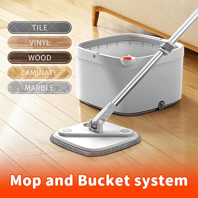 Spin Mop and Bucket Set with Self Separation System 360° Spinning Self-Wringing, Square Clean Mop and Bucket with Wringer-with Replaceable Mop (Light Grey Mop and Bucket Set 14pads)