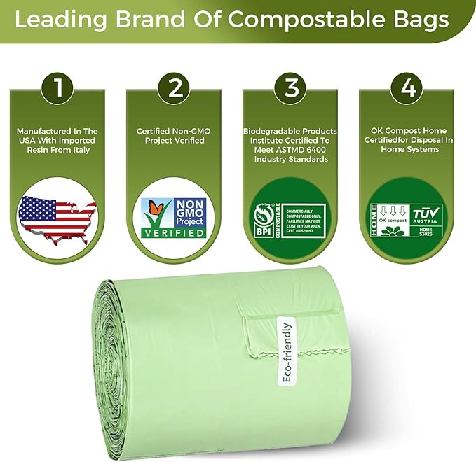 1.6 Gallon Compostable Trash Bags Drawstring, Heavy Duty Extra Thick 0.6 Mil, 6.06 Liter, 50 Bags, Small Kitchen Food Scrap Waste Bag, Unscented Pet Waste Bags, US BPI and OK Compost Home Certified