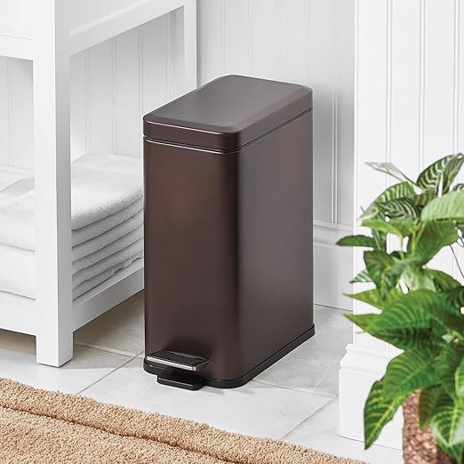 mDesign Pedal Bin — Waste Bin with Pedal, Lid and Plastic Bucket Insert for Bathroom, Kitchen, and Office — Metal Household Rubbish Bin with Ergonomic Design — Bronze
