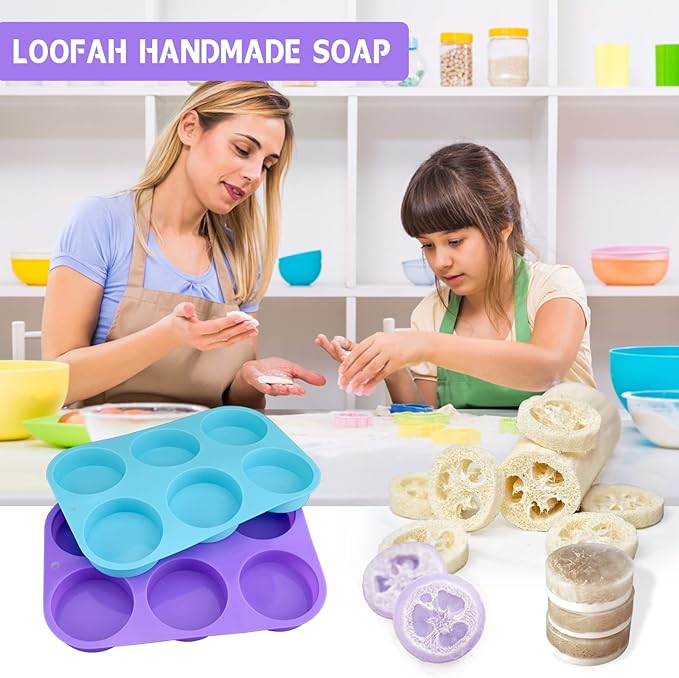 Moukiween Big Round Silicone Soap Molds, 3 Inch Cylinder Silicone Mold for Loofah Soap Making, Shower Steamer, Bath Bombs, Lotion Bars (Set of 2)