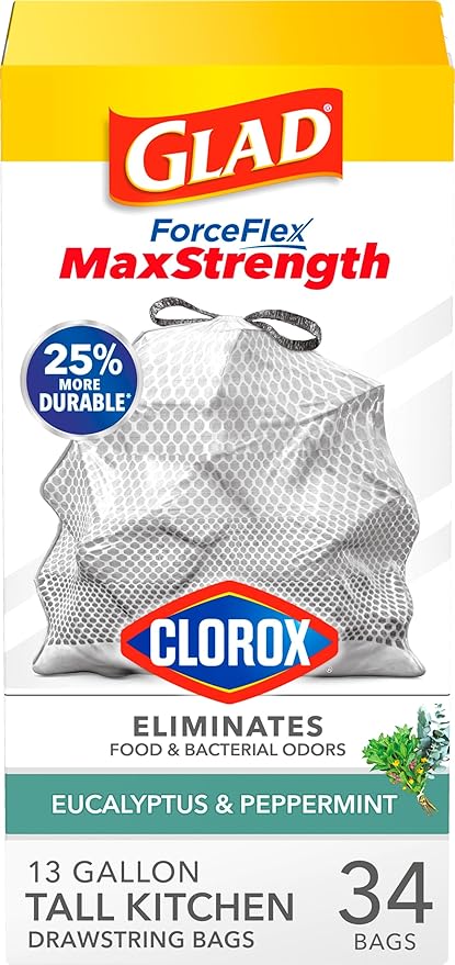 Glad ForceFlex MaxStrength with Clorox Trash Bags, 13 Gal, Eucalyptus, 34 Ct (Package May Vary)
