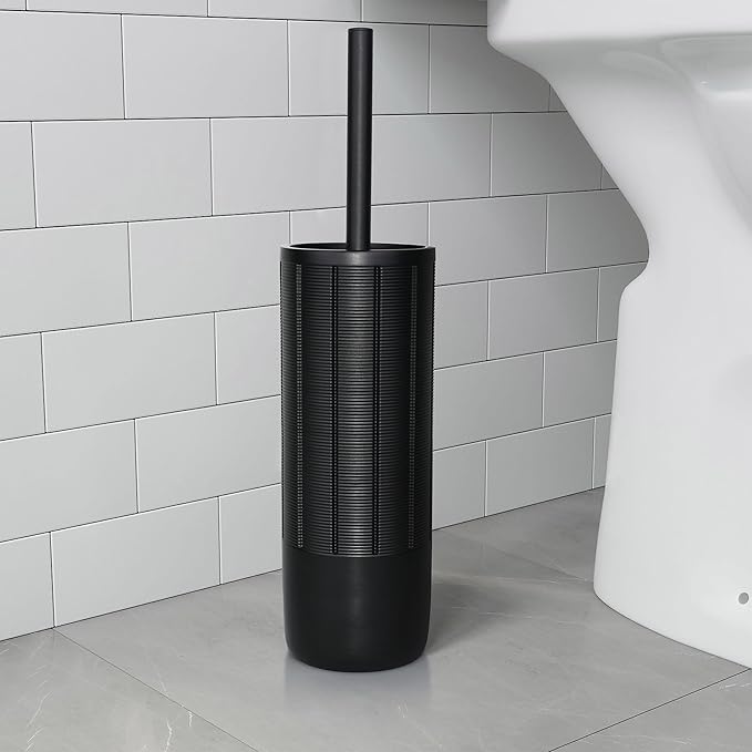 Matte Black Ribbed Design Resin Toilet Bowl Holder and Brush Set, Durable Bathroom Cleaning Tool with Ergonomic Handle and Efficient Bristles, Stylish and Compact Design