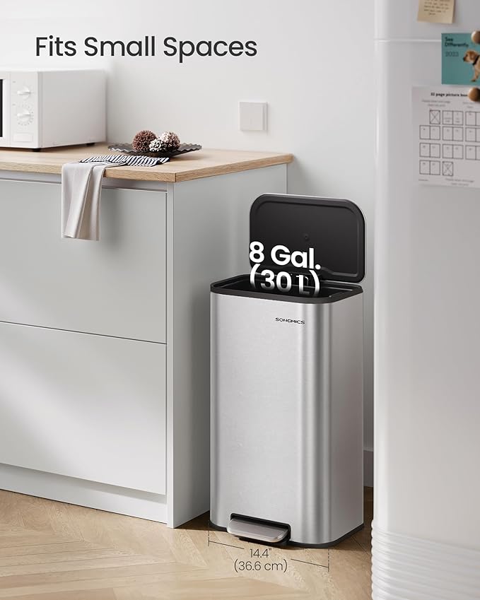 SONGMICS Kitchen Trash Can, 8-Gallon (30 L) Garbage Can with Lid, Stainless Steel, Soft Close and Stays Open, Inner Bucket, Wide Non-Slip Pedal, Metallic Silver ULTB546E01