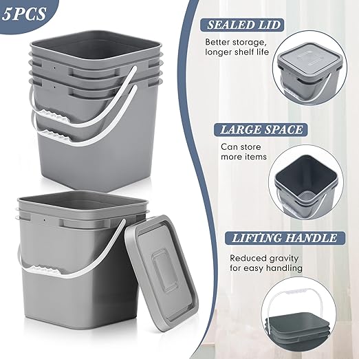 Mumufy 5 Pcs 3.5 Gallon Square Food Grade Bucket with Lid Square Bucket Pail with Plastic Handles for Storing Dry Food, Charcoal, Camping, Fishing (Gray)