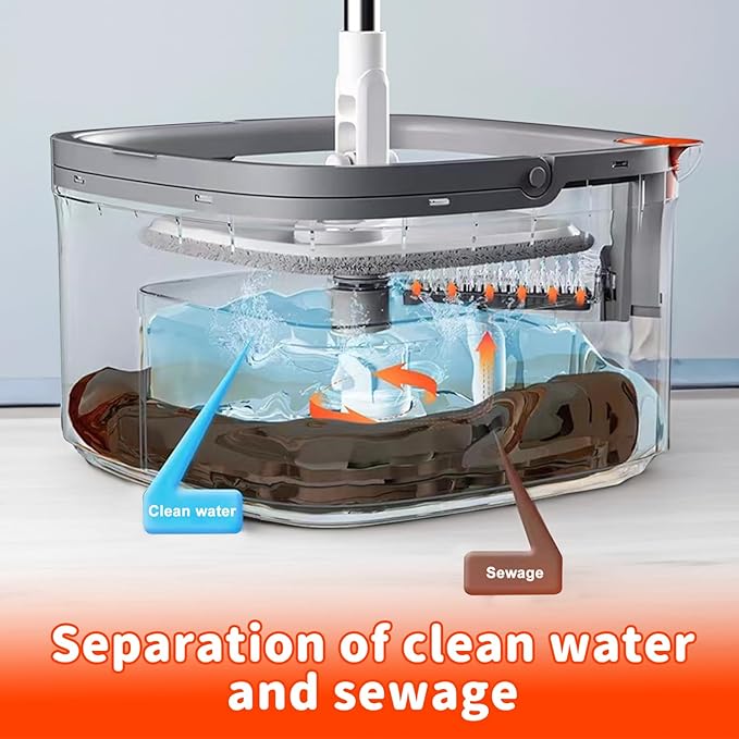 Spin Mop and Bucket Set with Self Separation System 360° Spinning Self-Wringing, Square Clean Mop and Bucket with Wringer-with Replaceable Mop (Light Grey Mop and Bucket Set 14pads)