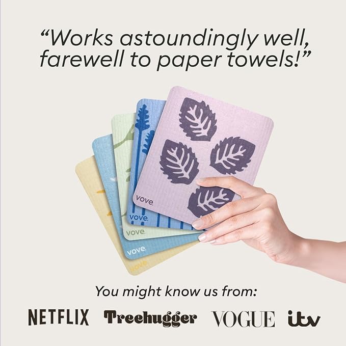 Vove Swedish Dishcloths 5-Pack, Nordic Nature - FSC Certified Cellulose & Cotton, Oeko-TEX Standard 100, Reusable Washable Kitchen Cleaning Cloths, Eco Friendly Floral Design