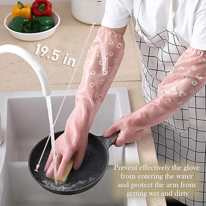 KAQ Dishwashing Cleaning Gloves 3 Pairs-Reusable Rubber Gloves Non-Slip Laundry Kitchen Gardening Household Gloves(Long Cuff)