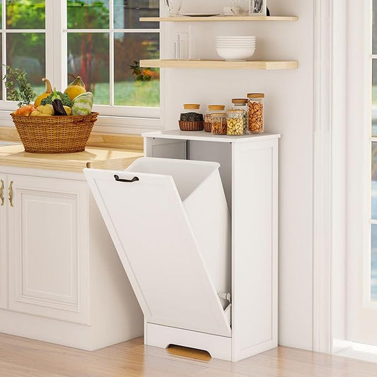 10 Gallon Tilt Out Trash Cabinet, Modern Tilt Out Laundry Hamper Cabinet, Wooden Hidden Trash Can Cabinet with Lid for Bathroom, Living Room, Laundry Room, White