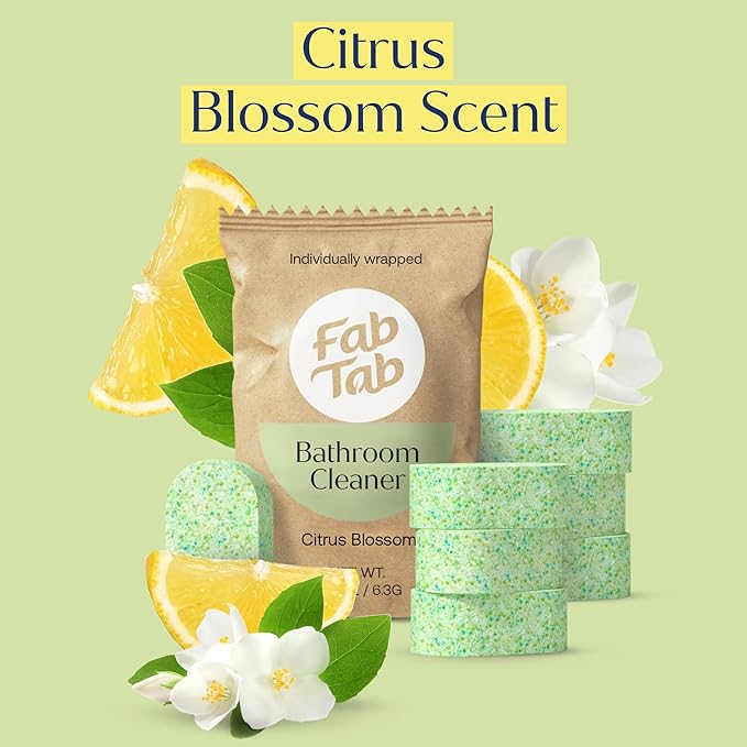 Fab Tab Bathroom Cleaner, Eco-Conscious Cleaning Tablets for Sparkling Bathrooms, Powerful Grime Remover, Citrus Scent, No Harmful Chemicals, Economical Refills - 4 Tablets (Bottle not included)