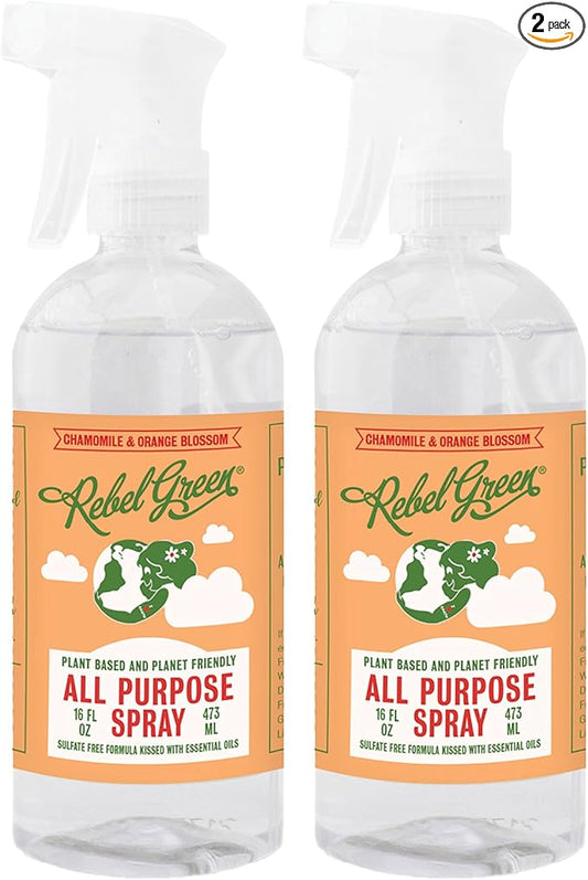 Rebel Green Natural All-Purpose Cleaning Spray - Plant-Based Multi-Surface Cleaner with Essential Oils for Kitchen, Bath, Countertops and More - Orange & Chamomile - 16 oz - 2 Pack
