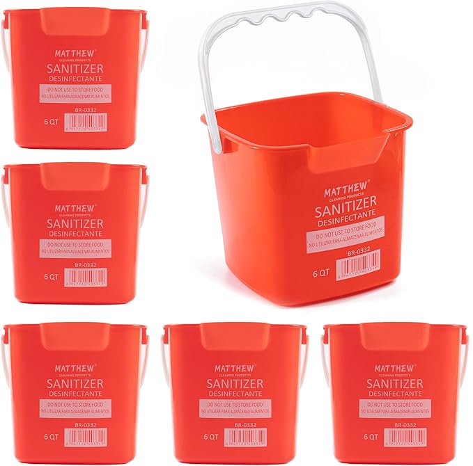 Matthew Detergent And Sanitizing Cleaning Bucket 6 Quart Plastic Pail,Set of 6 Square Containers,Built-In Spout w/Handle,Wash Rinse Sanitize Handwash Bucket for Home Office Commercial Restaurant (Red)