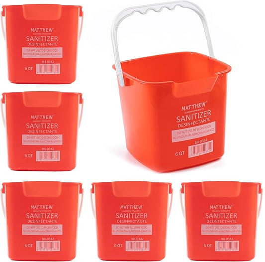 Matthew Detergent And Sanitizing Cleaning Bucket 6 Quart Plastic Pail,Set of 6 Square Containers,Built-In Spout w/Handle,Wash Rinse Sanitize Handwash Bucket for Home Office Commercial Restaurant (Red)