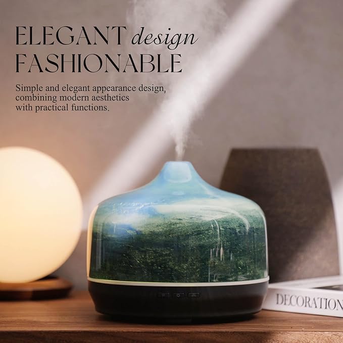 Porseme 500ml Glass Essential Oil Diffuser Aromatherapy Ultrasonic Cool Mist Humidifier 15-21 Running Hours Waterless Auto-Off Air Diffusers for Sleeping Yoga Office Working Spa and Rest (Dreamy Blue)