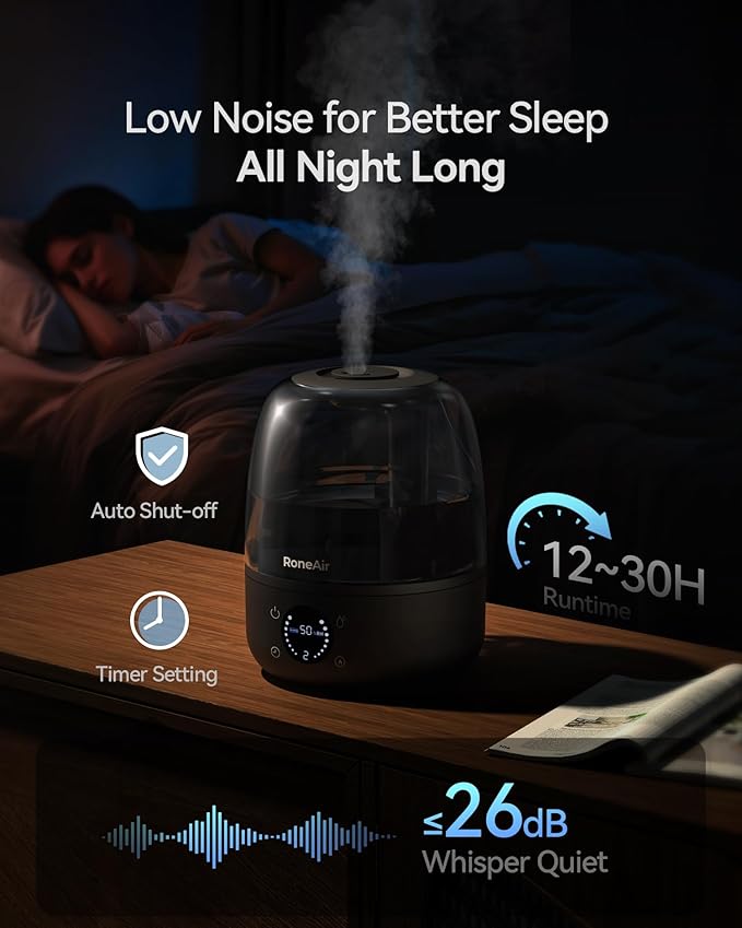 Humidifiers for Bedroom Large Room Home, 3L Cool Mist Humidifiers for Baby Nursery & Plants, Ultrasonic, Oil Diffuser, Timer, Auto Shut-Off, 360° Nozzle, 26dB Quiet, Automatic Mode
