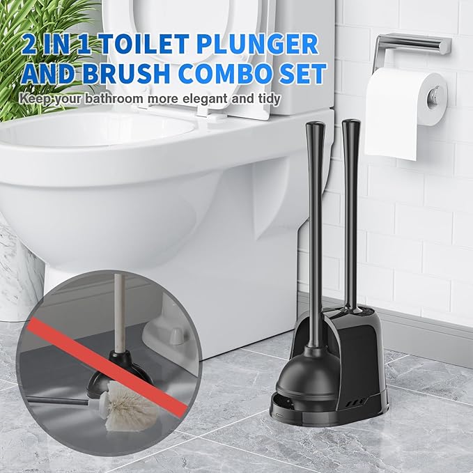 Toilet Plunger and Brush, Silicone Bowl Brush and Heavy Duty Toilet Plunger Set with Ventilated Holder, 2-in-1 Toilet Brush and Plunger Combo for 5.3-inch Toilet Drain Bathroom Cleaning