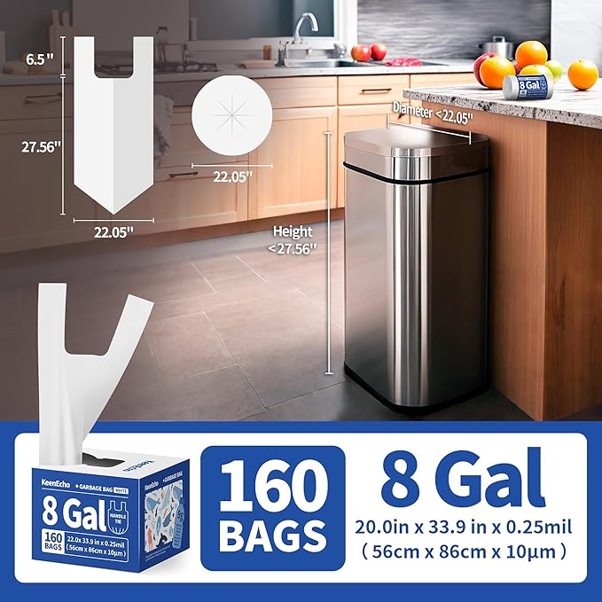 Small Trash Bags with Handles 8 Gallon 160 Count White - Ocean Plastic Upcycling - Plastic Garbage Bags, Can Bin & Waste Basket Liner for Kitchen, Bathroom, Office and Pets