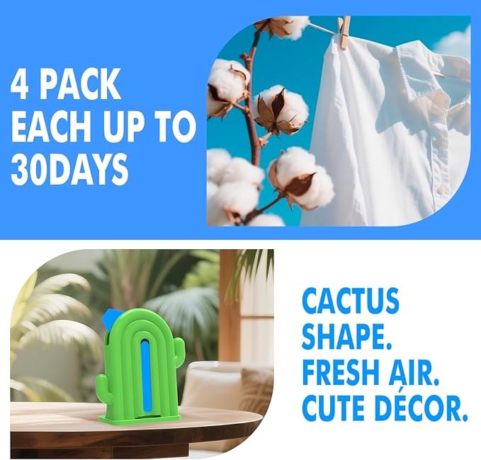 Air Freshener for Home, 2 Pack, 2 Refill, Linen Scent, Odor Eliminator, Up to 120 Days, Cactus-shaped Freshener for Closet Bathroom, Cute Home Decor, White and Green