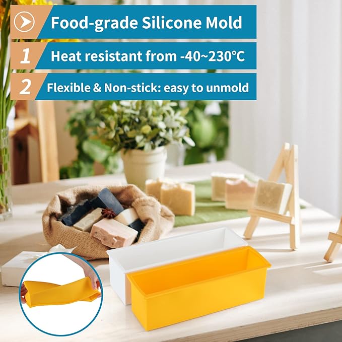 2 Pcs Loaf Soap Mold with Plastic Box, Flexible Silicone Rectangular Mold 42oz, Swirl Making Tool for DIY Soap, Handmade Candles, Resin Casting, Homemade Desserts (Yellow)