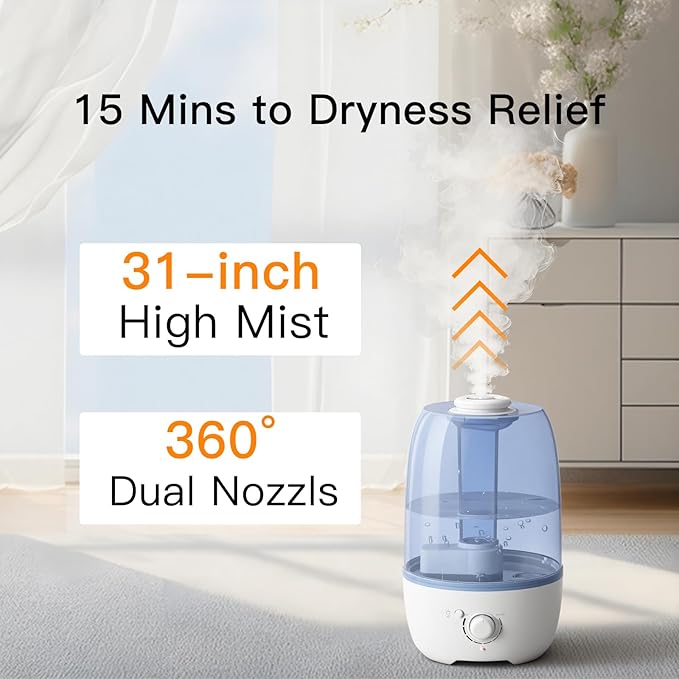 MEGAWISE Humidifier for Kid bedroom with 3.2L Large Capacity, No leakage Design Fine Mist Output Auto Shutoff, Essential Oil Safe Tank (White)