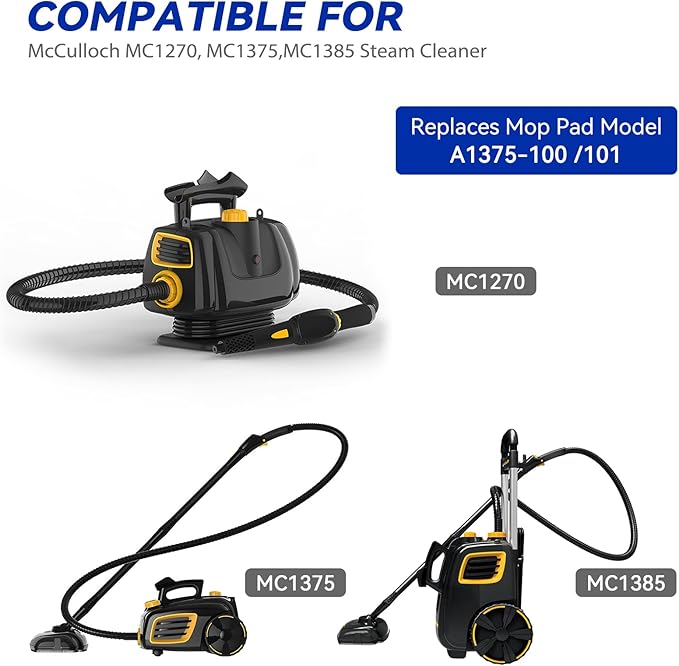 MC1375/MC1385 Microfiber Steam Mop Pads: 6 Pack Steam Replacement Pads Compatible with McCulloch MC1375, MC1385, MC1270 Steam Cleaners, Reusable & Washable Replaces Mop Pad Model: A1375-100/A1375-101