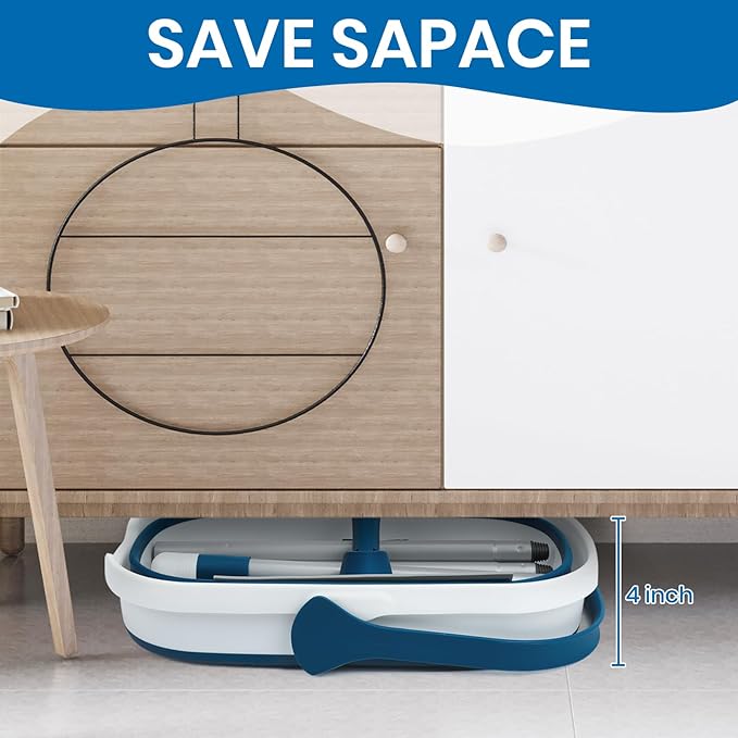 Collapsible Mop and Bucket Set with Scrub Mop and Brush, Tile Laminate Hardwood Floor Brush and Flat Mops for Floor Cleaning, Foldable Bucket with Washable Microfiber Mop(Blue)