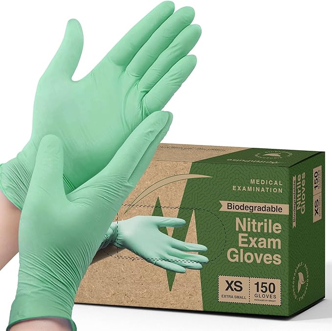 FifthPulse Biodegradable Disposable Nitrile Gloves, 150 Count, Green Food Safe Cooking Gloves - Powder and Latex Free Gloves