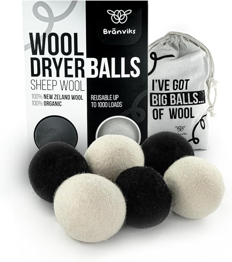 Wool Dryer Balls – 6 XL Balls (White & Black Set) – Premium Natural Fabric Softener – 100% New Zealand Wool – Reusable, Eco-Friendly, Reduces Wrinkles & Static