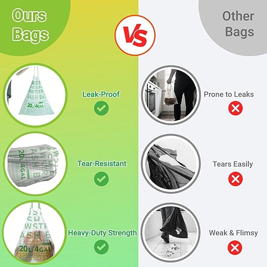 OKKEAI 4 Gallon Green Drawstring Trash Bags, Printed Unscented Heavy Duty Small Garbage Liners for Kitchen & Bathroom – 90 Count Leak-Proof