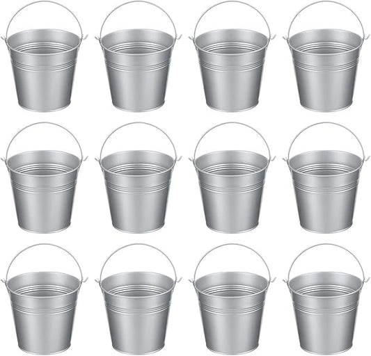 PATIKIL 5.1"x4.7" Small Metal Buckets with Handle, 12 Pcs Mini Galvanized Bucket Colorful Easter Buckets for Crafts Party Favors Decoration, Silver