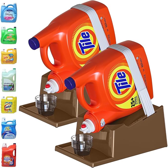 TidyFriend Laundry Detergent Holder Stand Organizer with Drip Tray, 2 Pack Laundry Soap Holder with Non-Slip Rubber Feet for Washing Space Organization, Angled Downward Slope for Easy Pouring (Brown)
