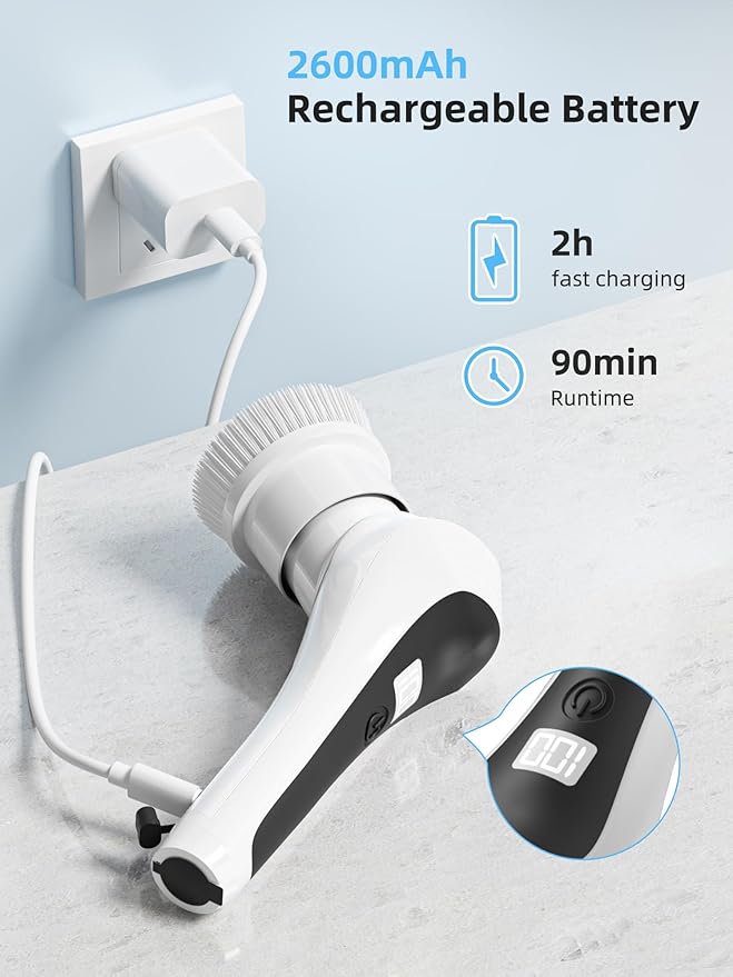Electric Spin Scrubber,Cordless Shower Scrubber with Power Display Screen,IP68 Waterproof Bath Cleaning Brush,Adjustable Extension Handle & 2 Speeds,Electric Cleaning Brush for Bathroom,Kitchen,Tub