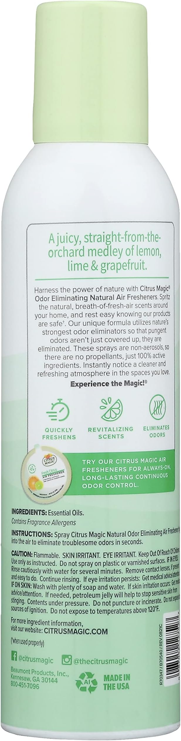 Citrus Magic Odor Eliminating Air Freshener Spray, Fresh Citrus, 6-Ounce, Pack of 2