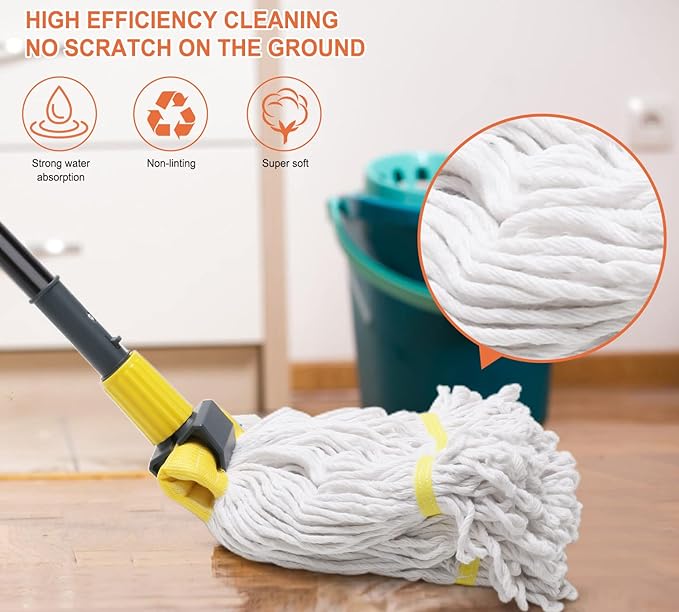 KeFanta Commercial Heavy Duty Industrial Mop with Extra Replacement Mop Head,60" Long Handle Looped-End String Wet Cotton Mops for Floor Cleaning,Home,Kitchen,Office,Garage and Concrete/Tile Floor