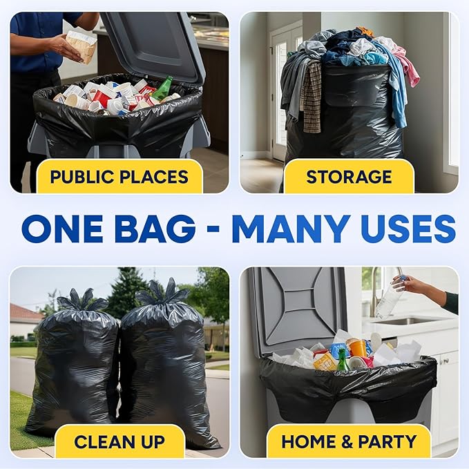 64-65 Gallon Trash Bags Heavy Duty with Flap Ties Extra Large Garbage Bags 2 Mil Outdoor Trash Bags 43 x 49 Trash Can Liners, Black Pack of 120, 6 Boxes of 20 Bags