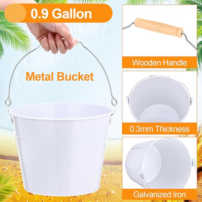Zopeal 6 Pcs Large Metal Bucket Beer Bucket Galvanized Steel Pail with Handle for Gifts Basket Ice Candy Party(9 x 7 x 7 Inch,White)